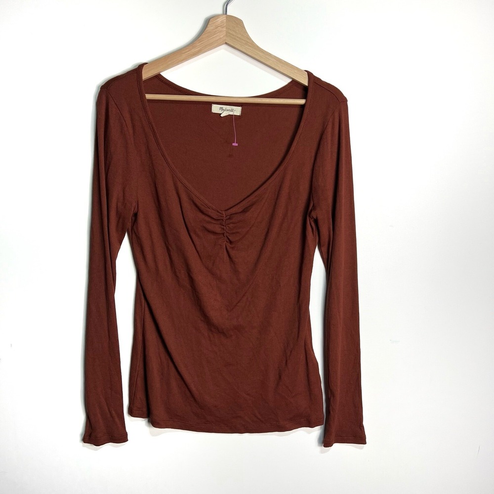 madewell fine ribbed tee sweatheart large Burgundy Long Sleeve Light V Neck  Y2K